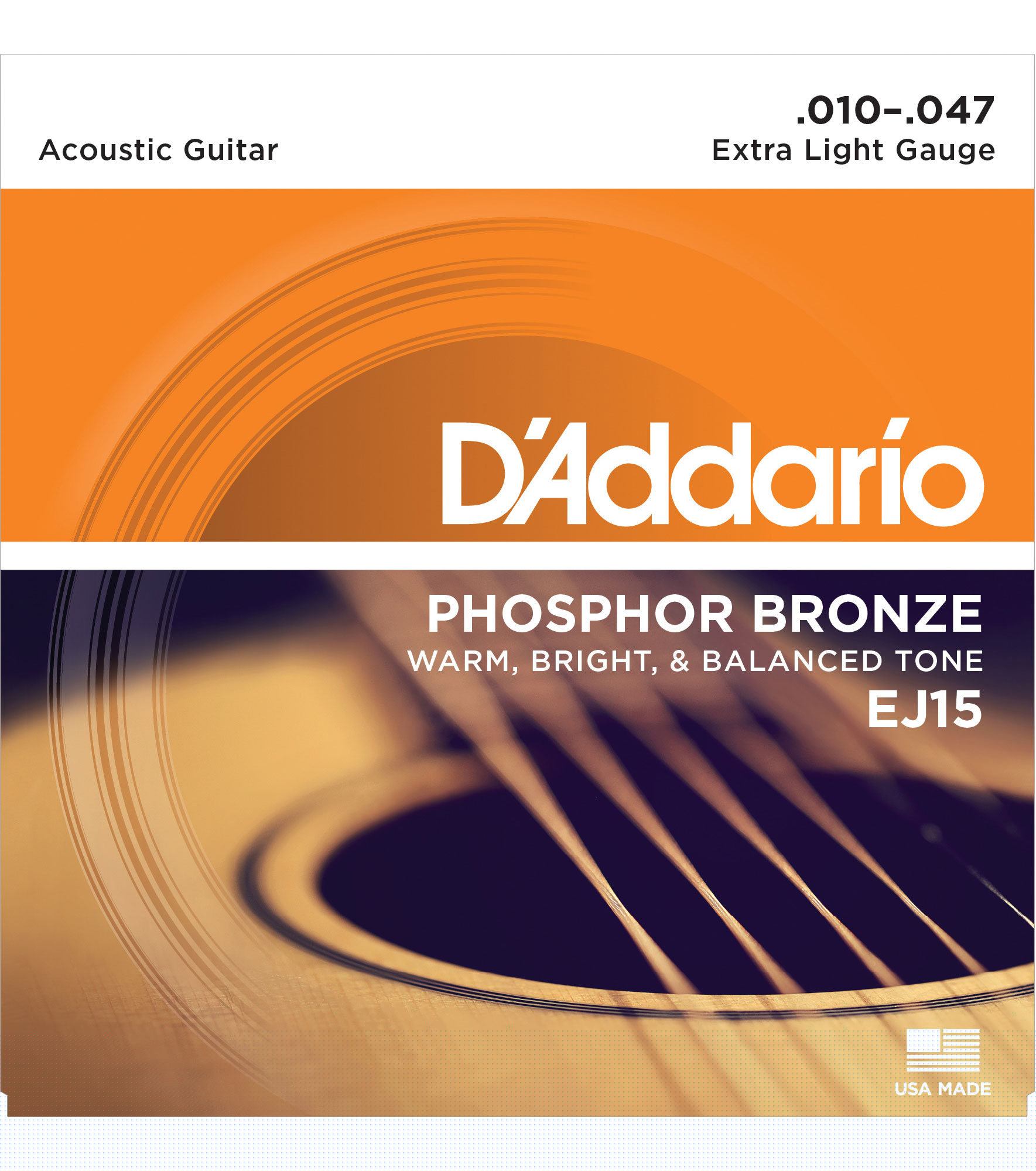 D'Addario Phosphor Bronze Wound Acoustic Guitar Strings, Extra Light (EJ15)