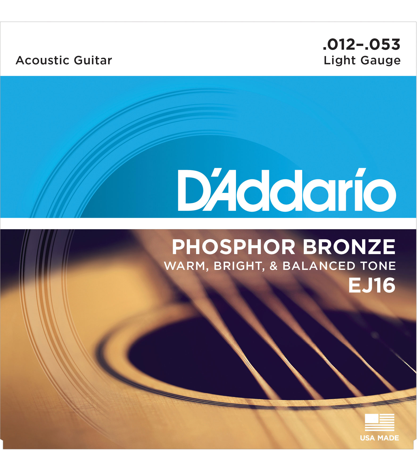 D'Addario Phosphor Bronze Wound Acoustic Guitar Strings, Light (EJ16)