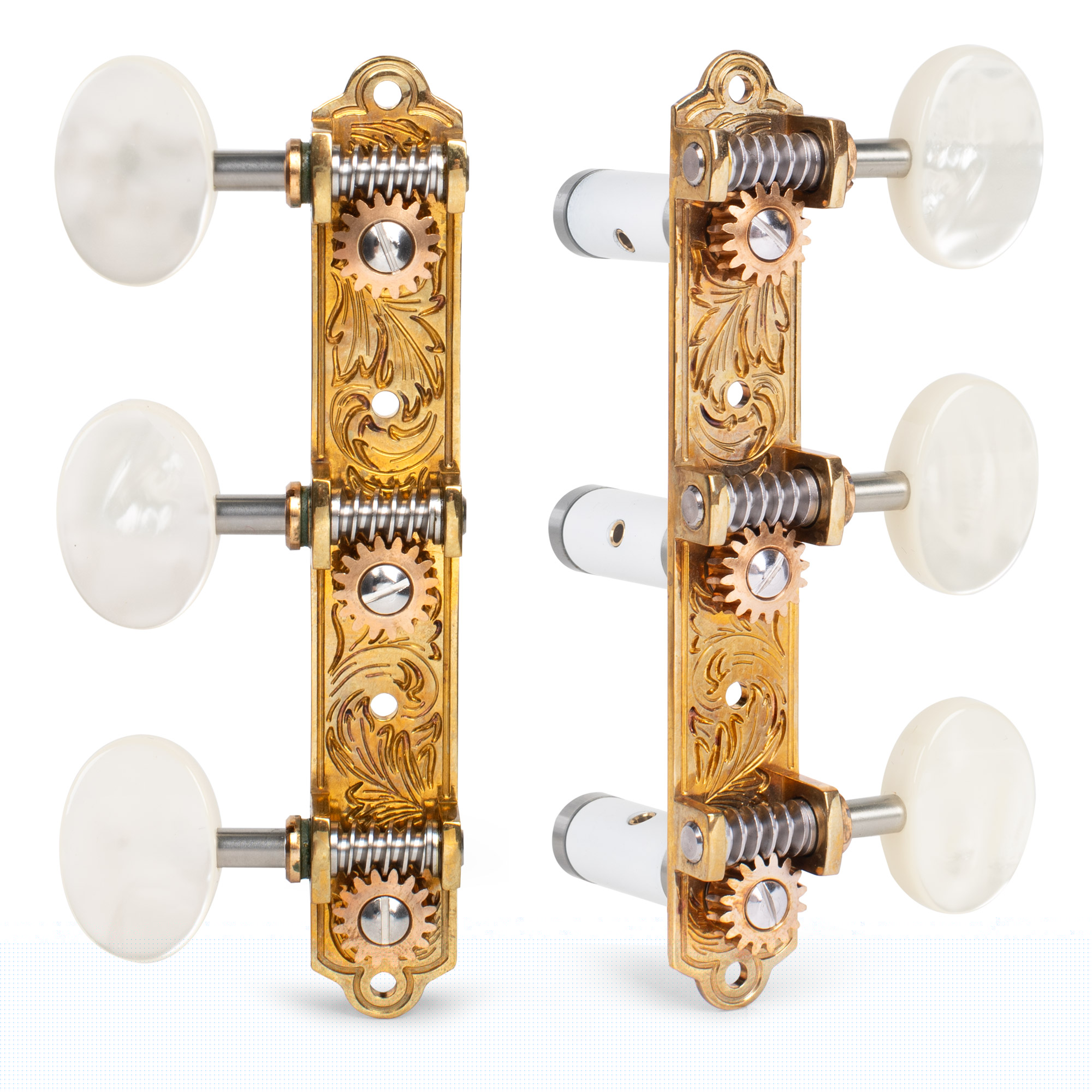 Sloane Classical Guitar Tuners with Pearloid Knobs and Leaf Baseplates, Bright Brass, White Rollers
